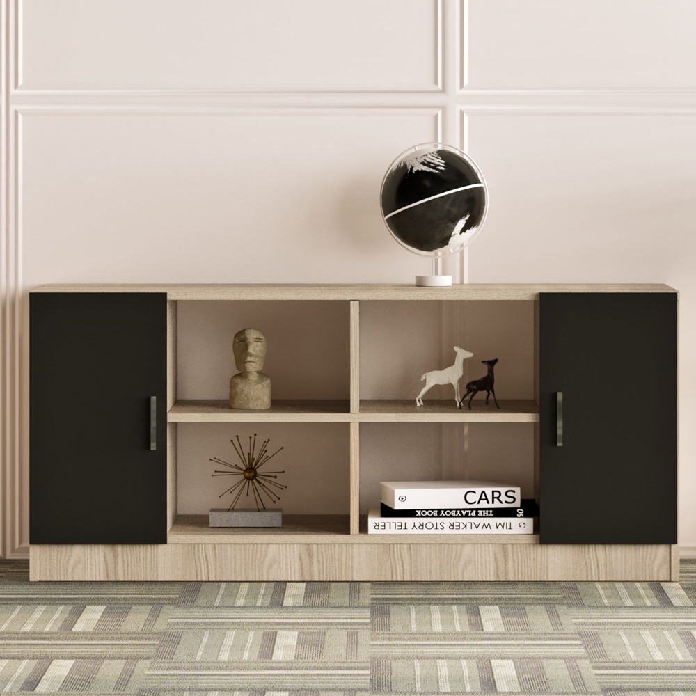 Prescott Wooden Corner Executive Office Furniture Set with Storage Cabinet in Oak and Black