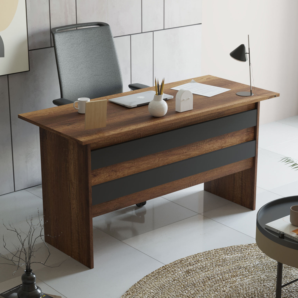 Prescott Wooden Corner Executive Office Furniture Set with Storage Cabinet in Walnut and Anthracite