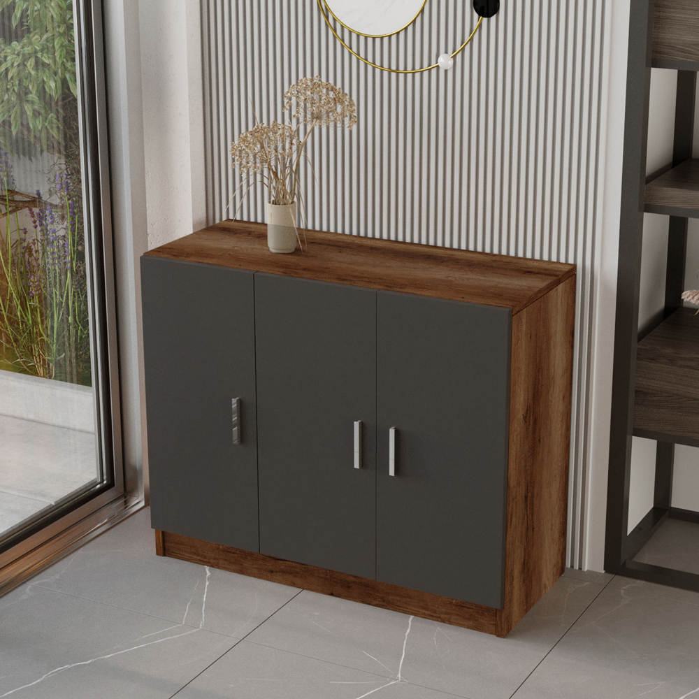 Prescott Wooden Corner Executive Office Furniture Set with Storage Cabinet in Walnut and Anthracite