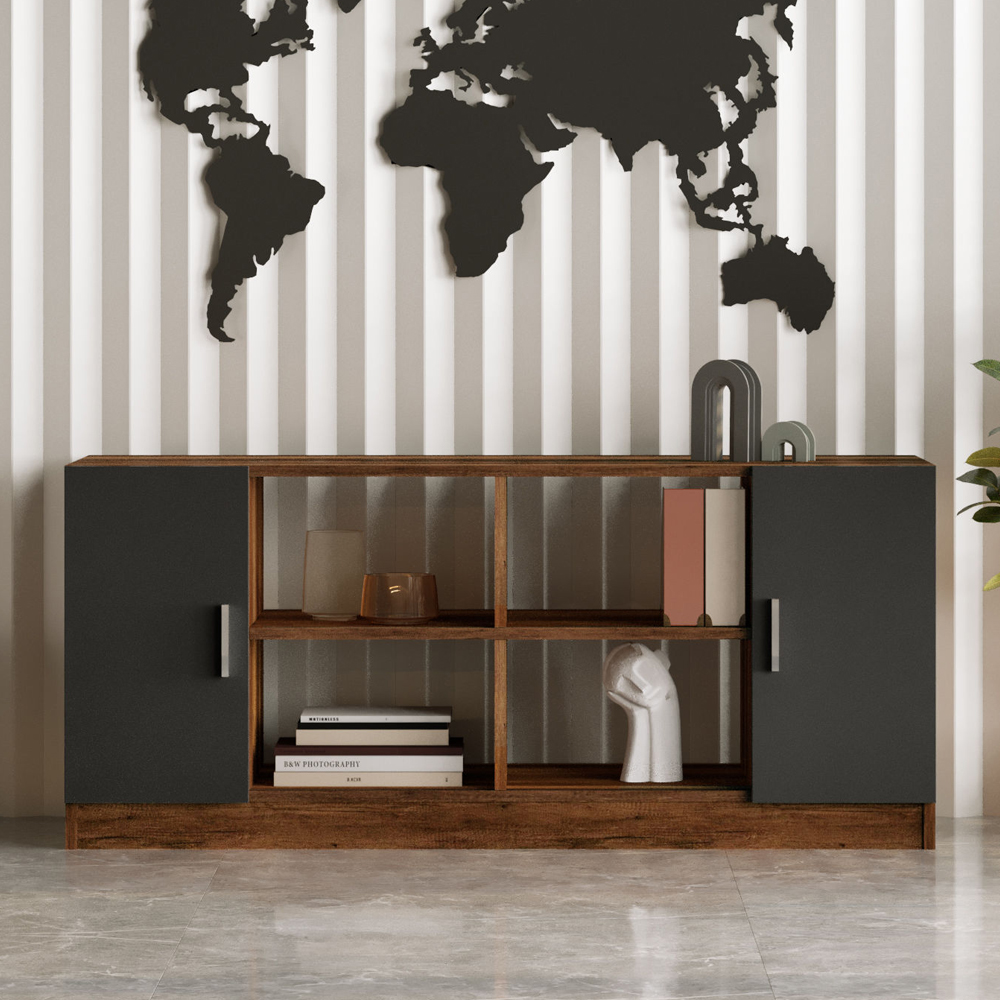 Prescott Wooden Corner Executive Office Furniture Set with Storage Cabinet in Walnut and Anthracite
