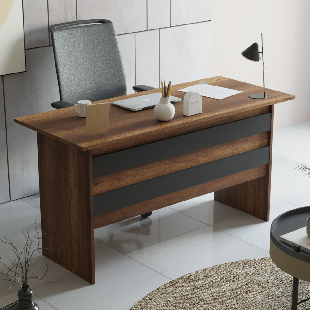 Prescott Wooden Corner Executive Office Furniture Set in Walnut and Anthracite