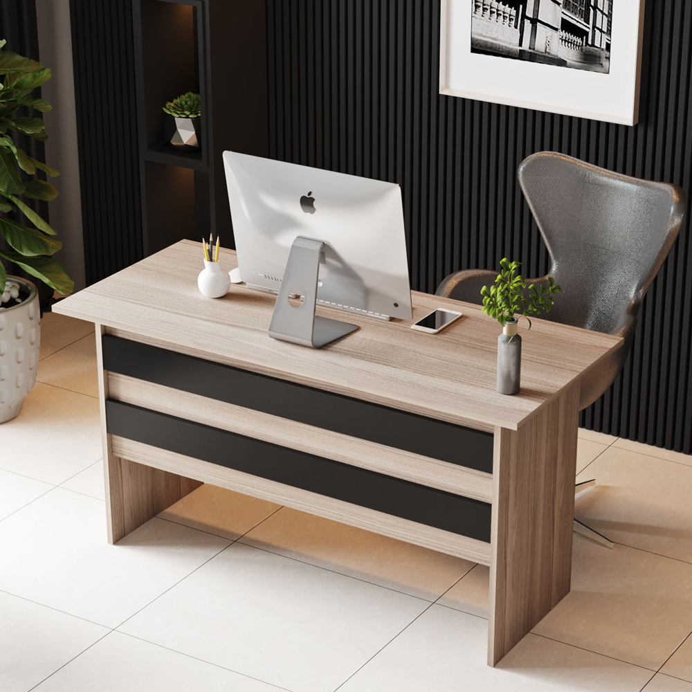 Prescott Wooden Executive Office Furniture Set with Bookcase in Oak and Black