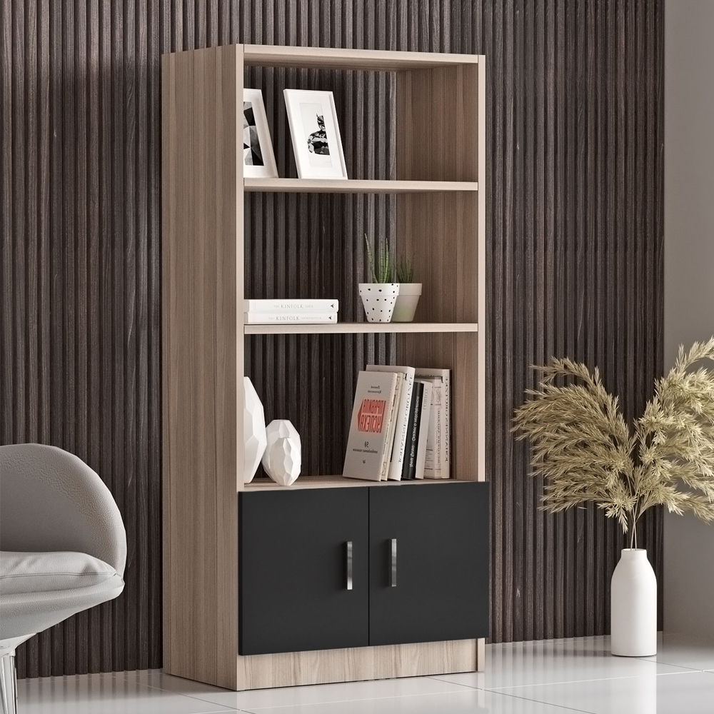 Prescott Wooden Executive Office Furniture Set with Bookcase in Oak and Black