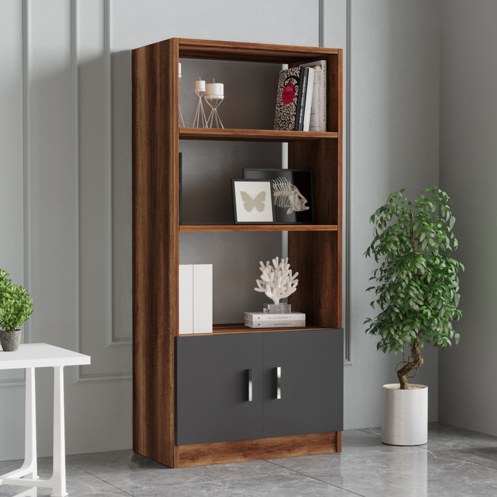 Prescott Wooden Executive Office Furniture Set with Bookcase in Walnut and Anthracite