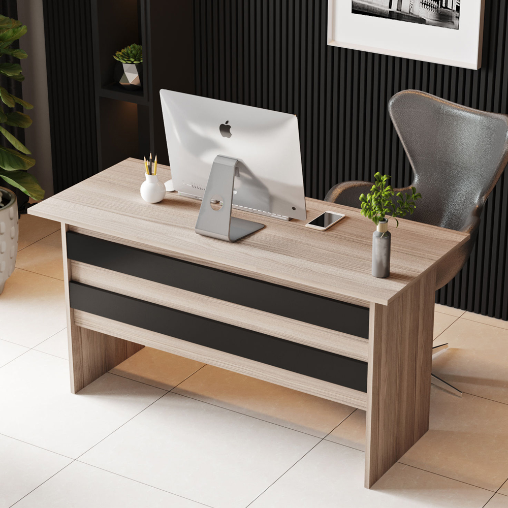 Prescott Wooden Executive Office Furniture Set with Drawer Cabinet in Oak and Black
