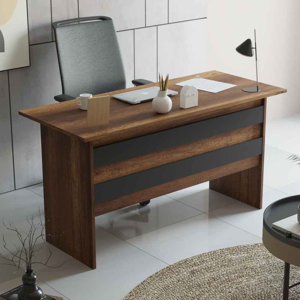 Prescott Wooden Executive Office Furniture Set with Drawer Cabinet in Walnut and Anthracite