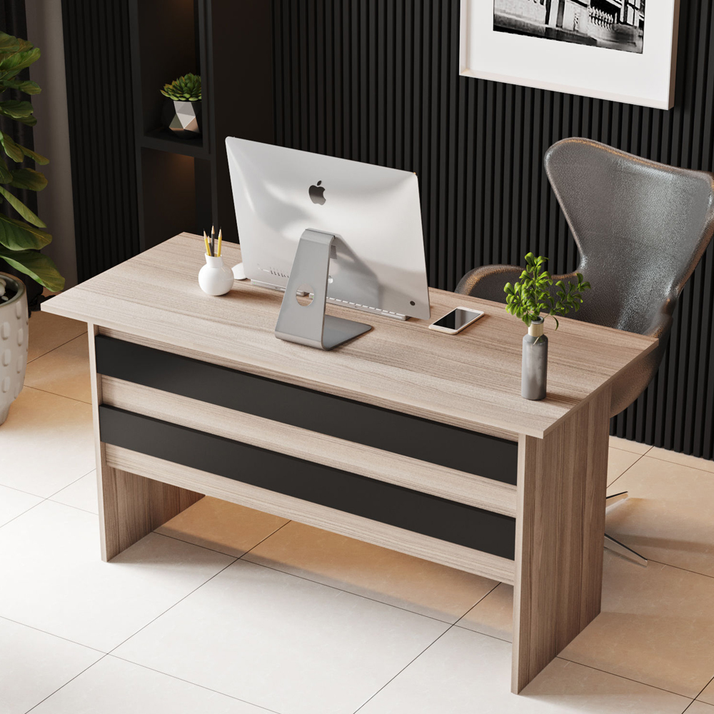 Prescott Wooden Executive Office Furniture Set with Storage Cabinet in Oak and Black