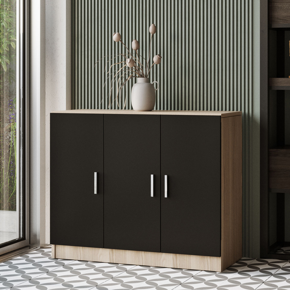 Prescott Wooden Executive Office Furniture Set with Storage Cabinet in Oak and Black