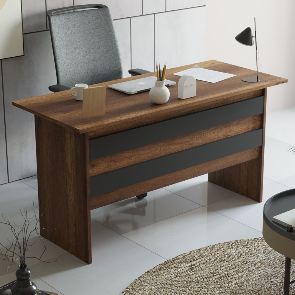 Prescott Wooden Executive Office Furniture Set with Storage Cabinet in Walnut and Anthracite