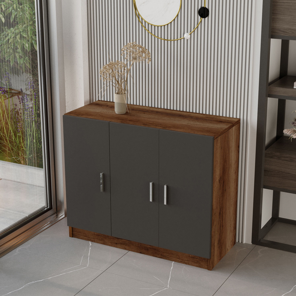 Prescott Wooden Executive Office Furniture Set with Storage Cabinet in Walnut and Anthracite