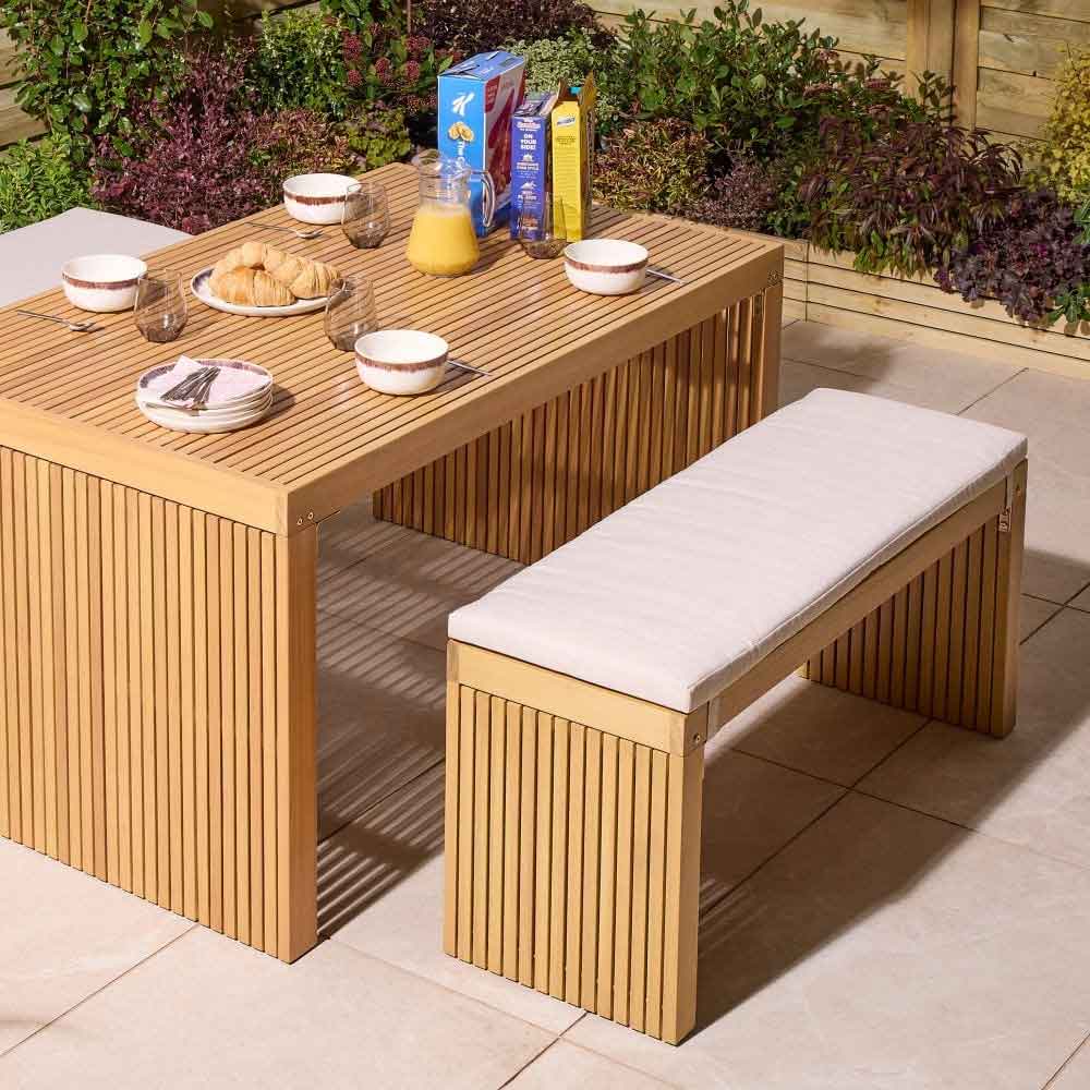 Prestige Wooden Garden Dining Table With 2 Benches and Cushions In Natural