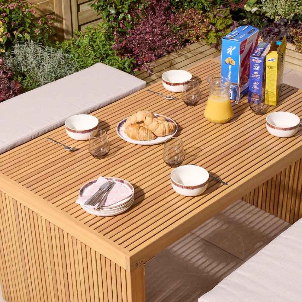 Prestige Wooden Garden Dining Table With 2 Benches and Cushions In Natural