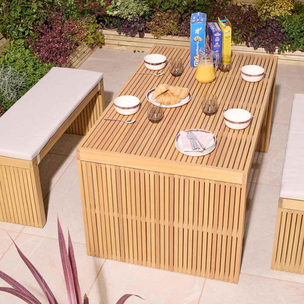 Prestige Wooden Garden Dining Table With 2 Benches and Cushions In Natural