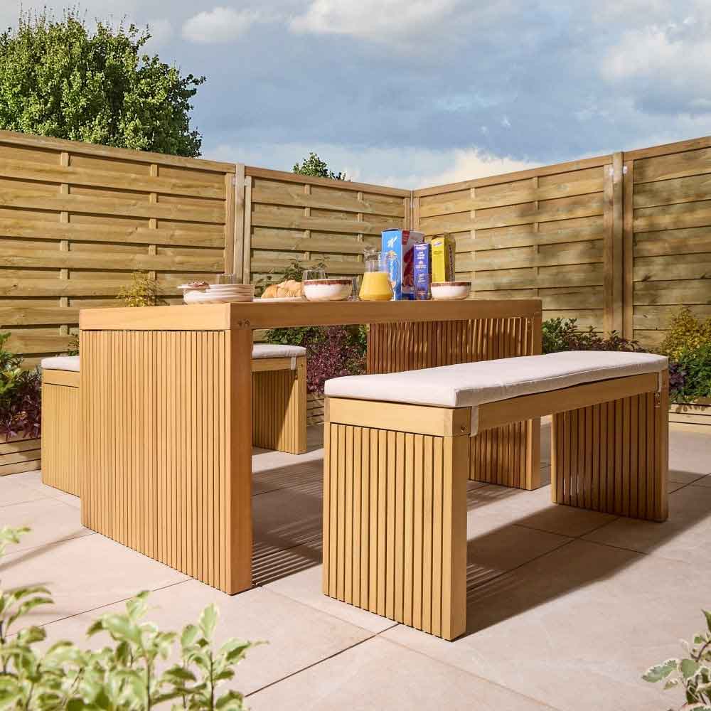 Prestige Wooden Garden Dining Table With 2 Benches and Cushions In Natural