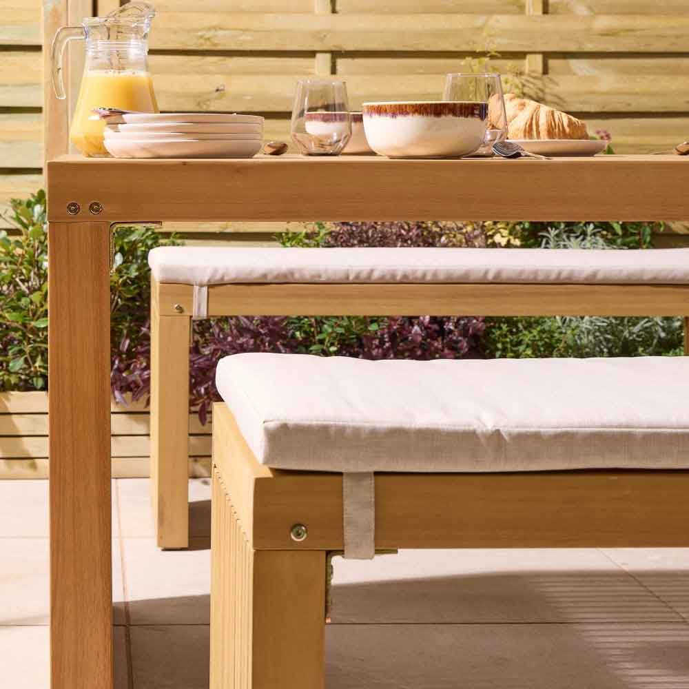 Prestige Wooden Garden Dining Table With 2 Benches and Cushions In Natural