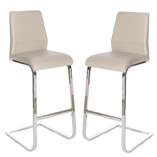 Product photograph of Prestina Bar Stool In Taupe Pu With Chrome Legs In A Pair from Furniture in Fashion