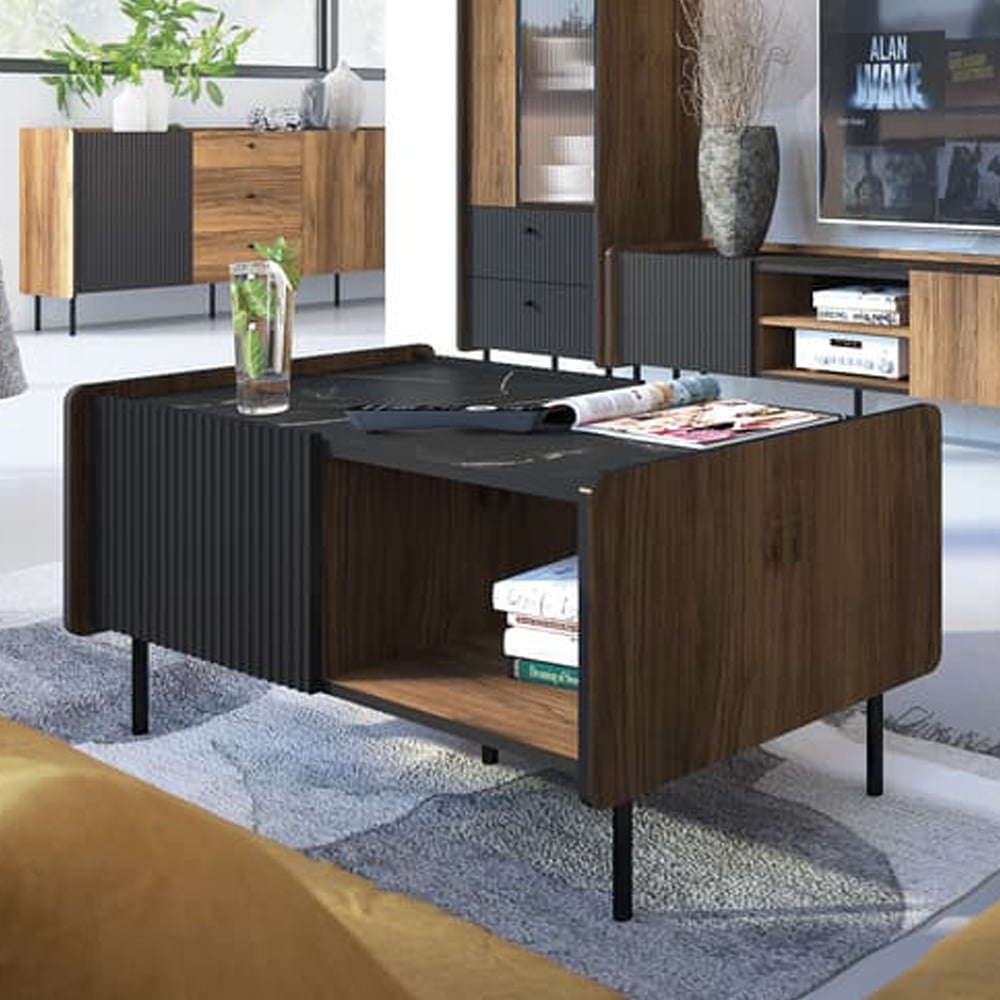 Preston Wooden Coffee Table With 2 Doors In Oak Walnut