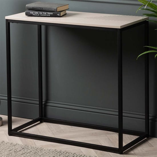 Product photograph of Primm Wooden Console Table In Summer Grey With Matte Black Frame from Furniture in Fashion