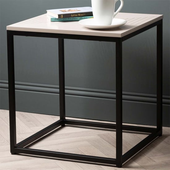 Photo of Primm wooden end table in summer grey with matte black frame