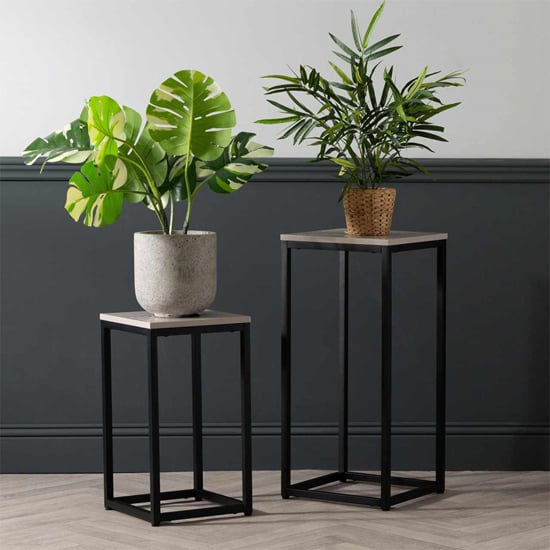 Product photograph of Primm Wooden Plant Stand In Summer Grey With Matte Black Frame from Furniture in Fashion