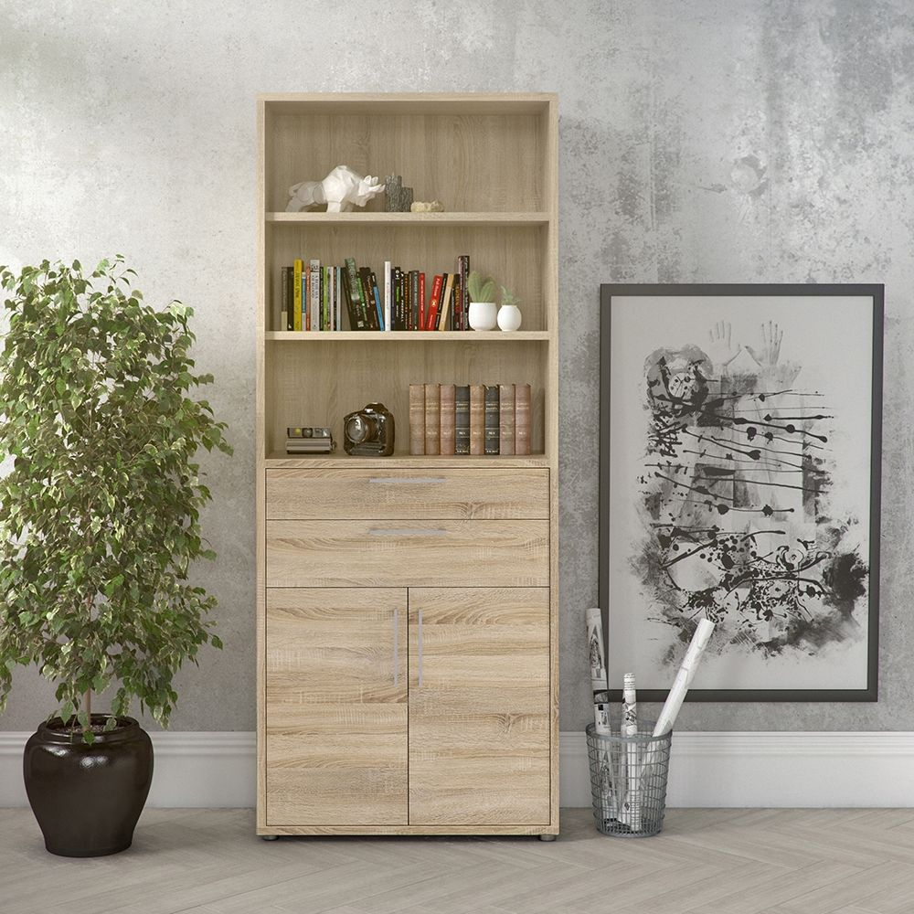 Primora Tall Wooden Office Storage Cabinet with 2 Drawers 2 Doors In Oak