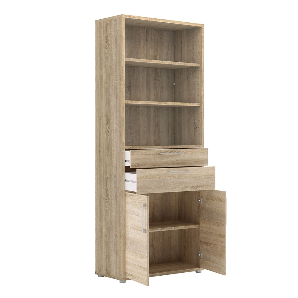 Primora Tall Wooden Office Storage Cabinet with 2 Drawers 2 Doors In Oak