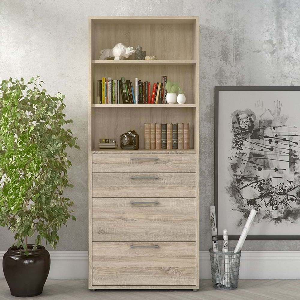 Primora Wooden Bookcase with 4 Drawers in Oak