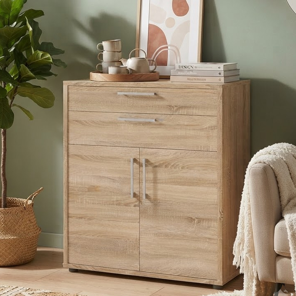 Primora Wooden Office Storage Cabinet with 2 Doors 2 Drawers In Oak