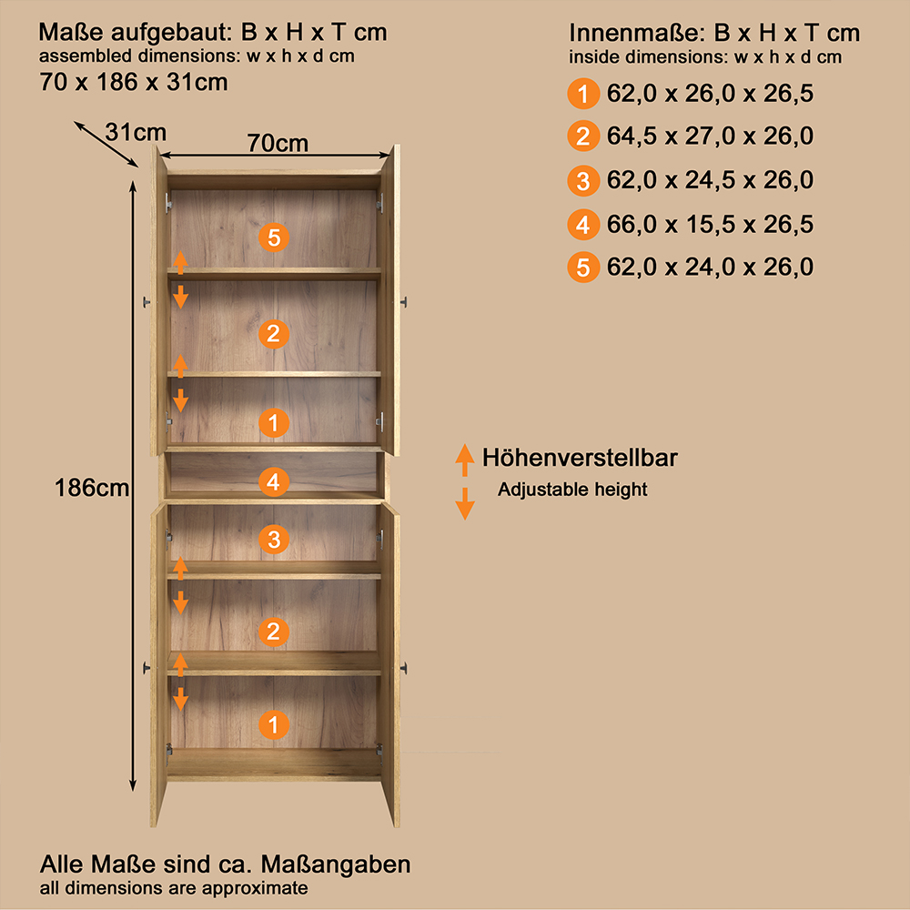 Provence Wooden Bathroom Storage Cabinet with 4 Doors in Evoke Oak