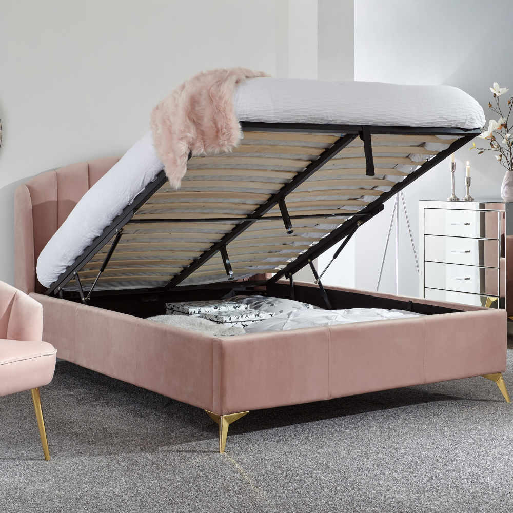 Pulford Velvet Ottoman Storage Double Bed In Blush Pink