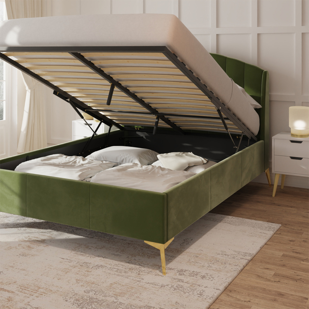 Pulford Velvet Ottoman Storage King Size Bed In Green