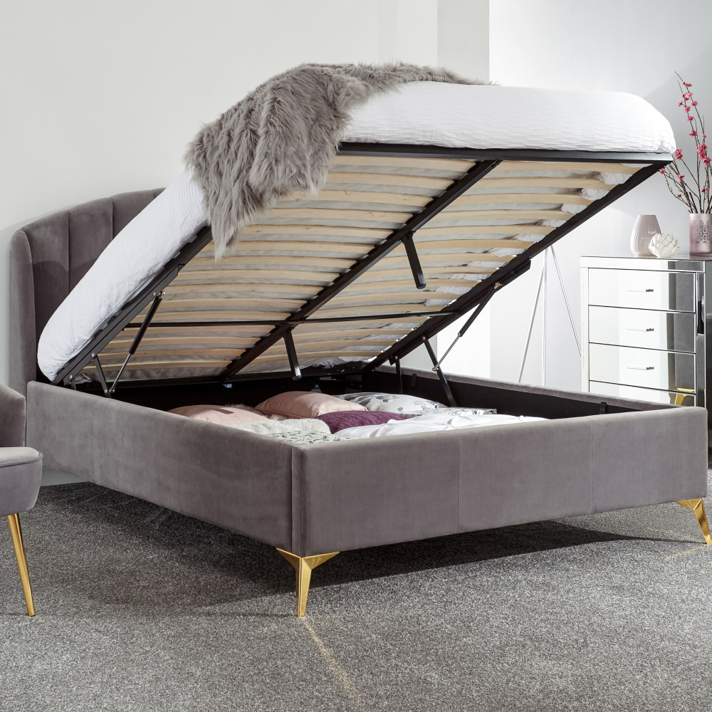 Pulford Velvet Ottoman Storage King Size Bed In Grey