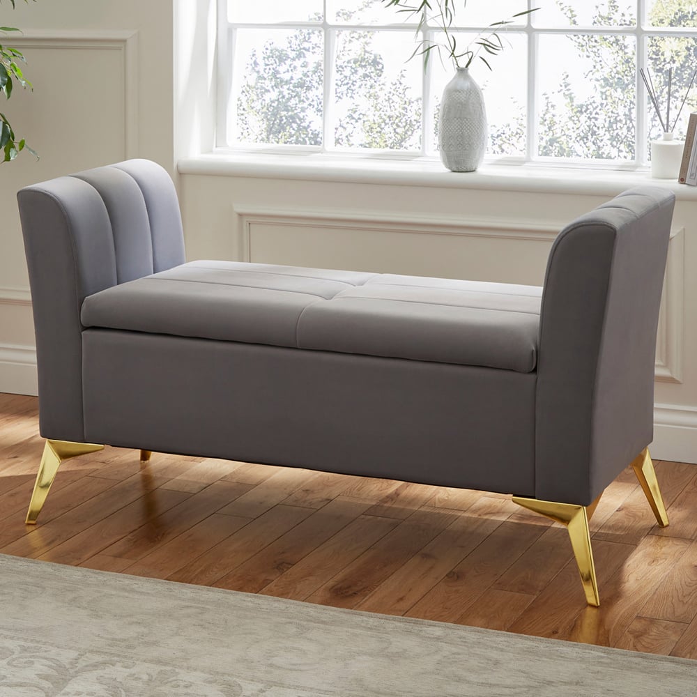 Pulford Velvet Storage Ottoman In Grey