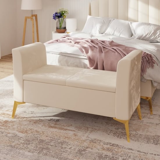 Read more about Pulford velvet upholstered ottoman storage bench in natural
