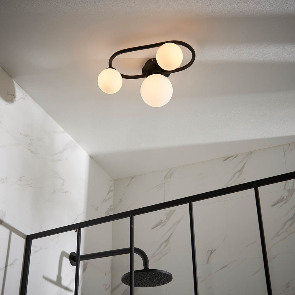 Pulsa Matt White Glass Shade Bathroom Semi Flush Light In Black
