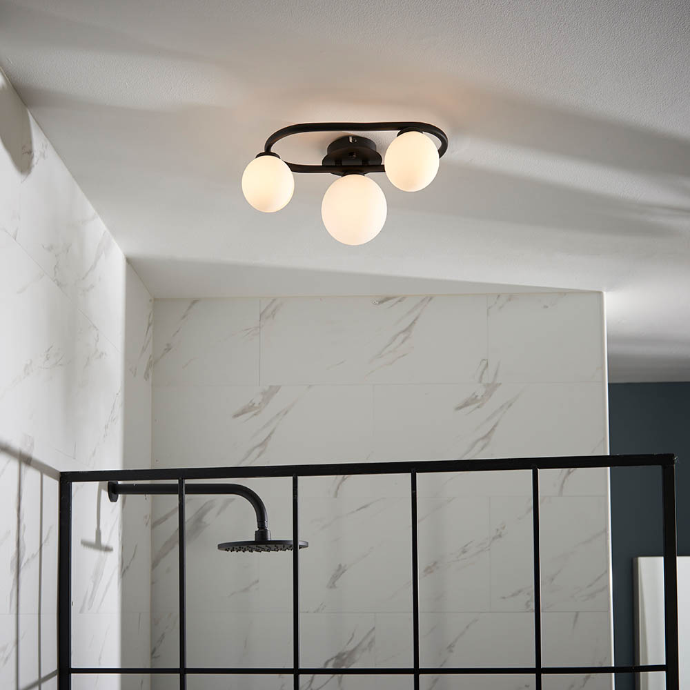 Pulsa Matt White Glass Shade Bathroom Semi Flush Light In Black