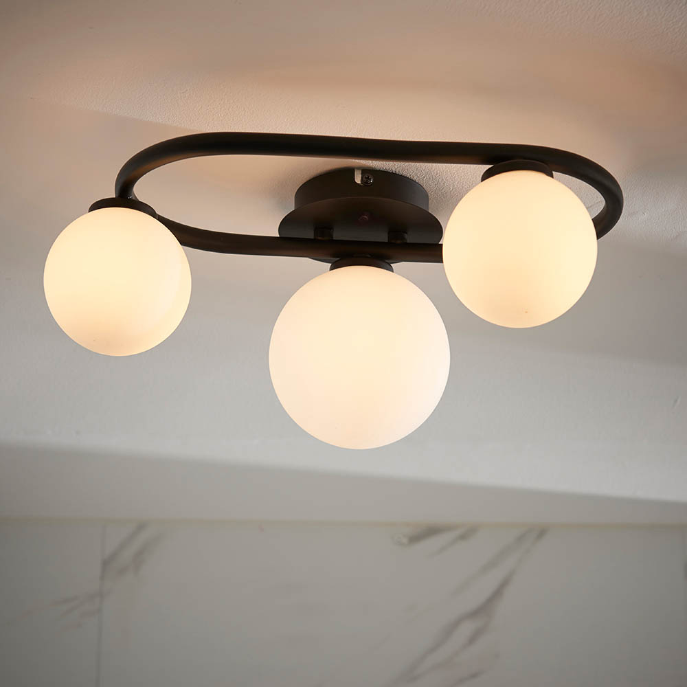 Read more about Pulsa matt white glass shade bathroom semi flush light in black