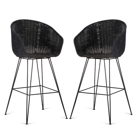 Puqi Black Rattan High Back Bar Stools In Pair