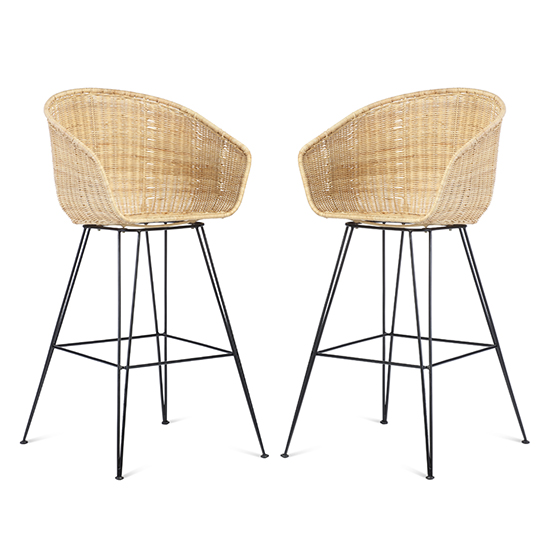 Product photograph of Puqi Natural Rattan High Back Bar Stools In Pair from Furniture in Fashion