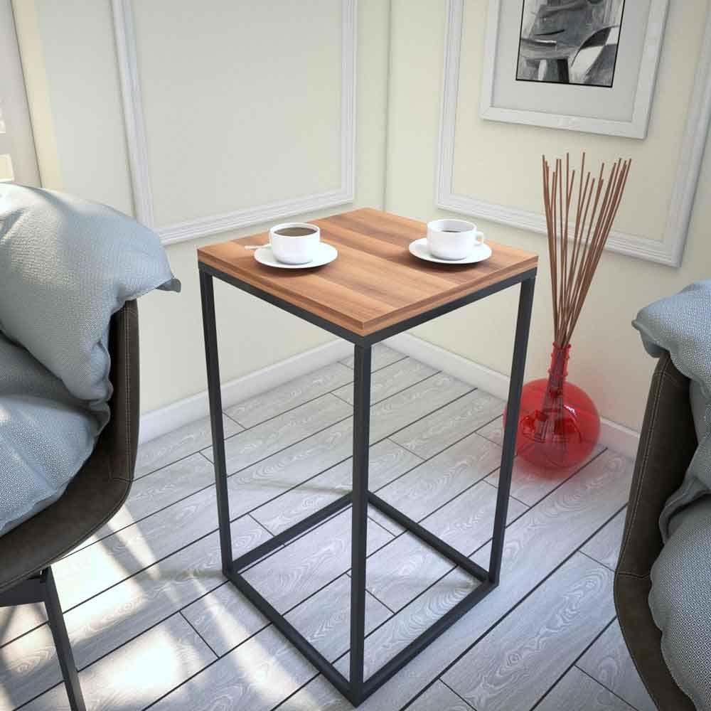 Pure Wooden Side Table with Black Metal Frame in Walnut