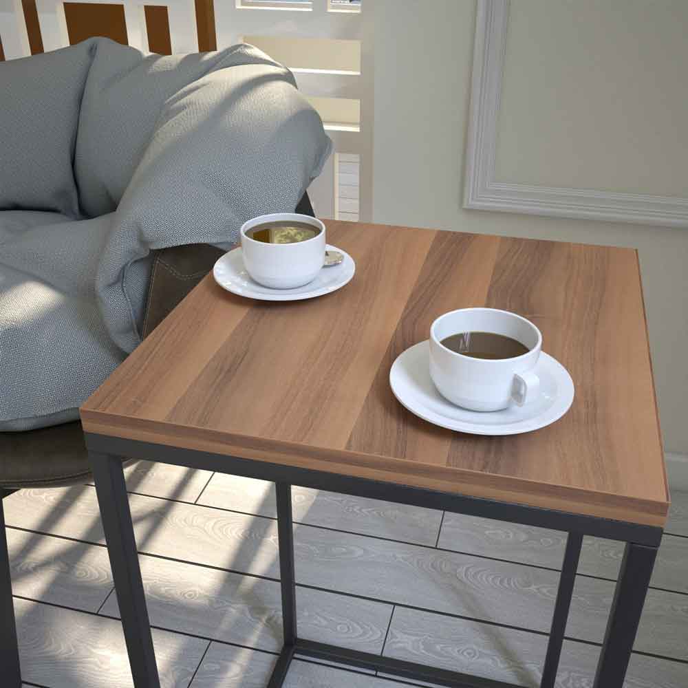 Pure Wooden Side Table with Black Metal Frame in Walnut