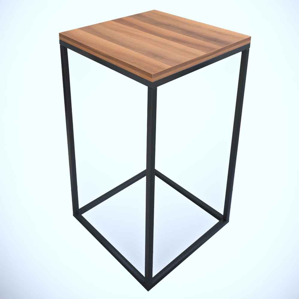 Pure Wooden Side Table with Black Metal Frame in Walnut