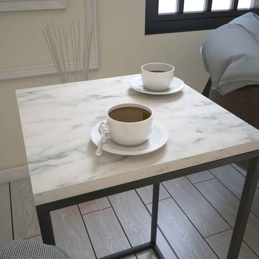 Pure Wooden Side Table with Black Metal Frame in White Marble Effect