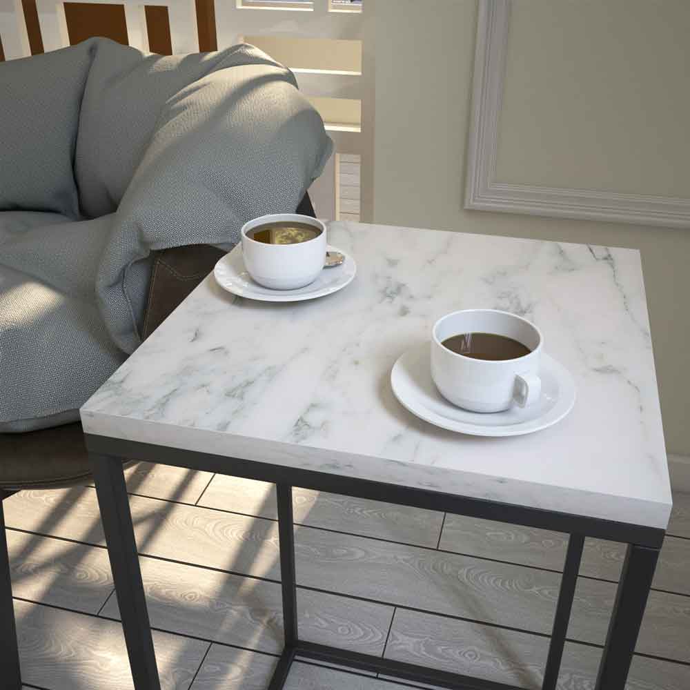 Pure Wooden Side Table with Black Metal Frame in White Marble Effect