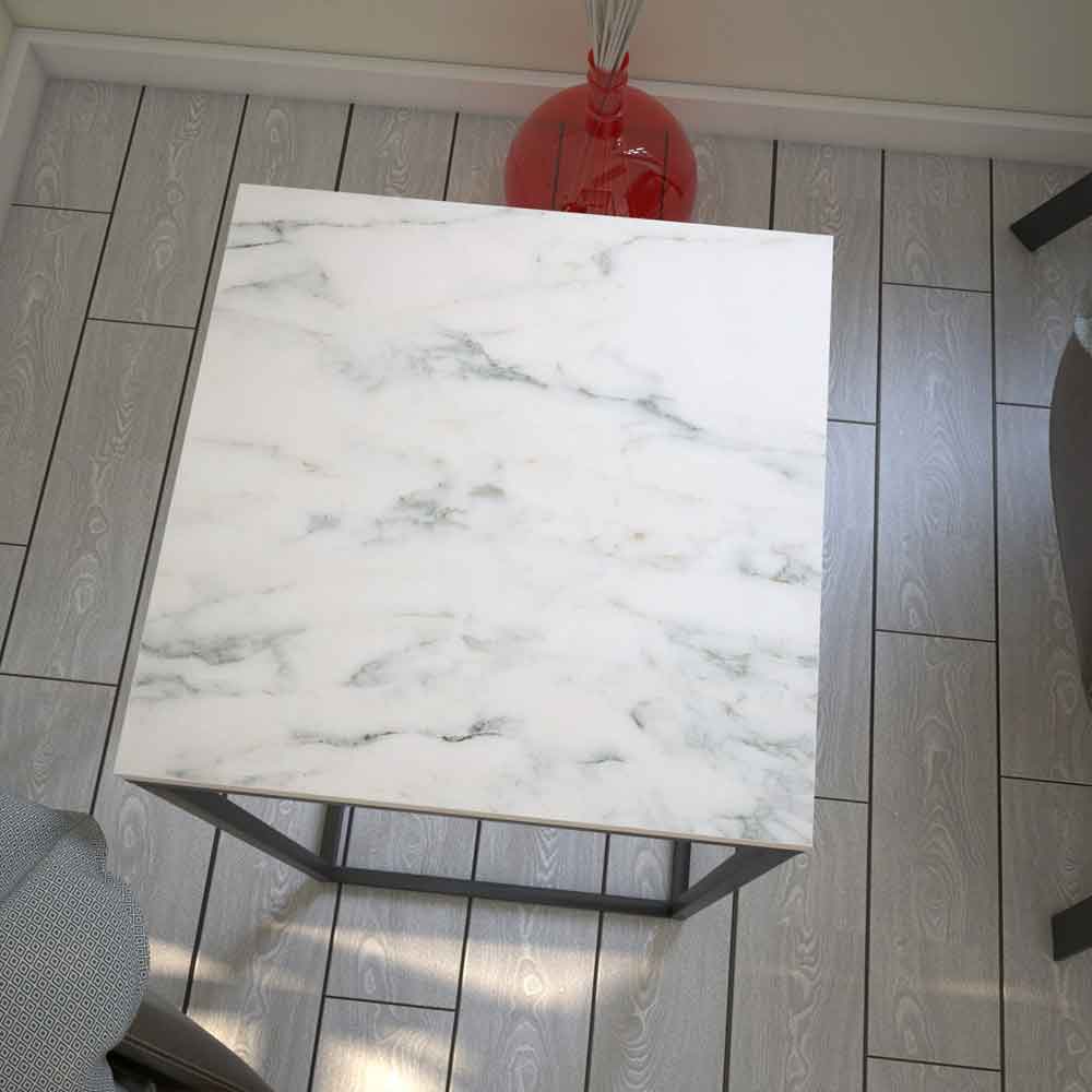 Pure Wooden Side Table with Black Metal Frame in White Marble Effect