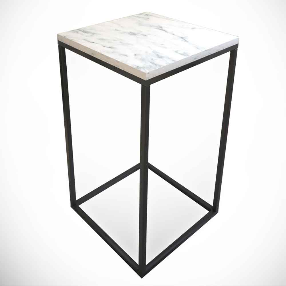 Pure Wooden Side Table with Black Metal Frame in White Marble Effect