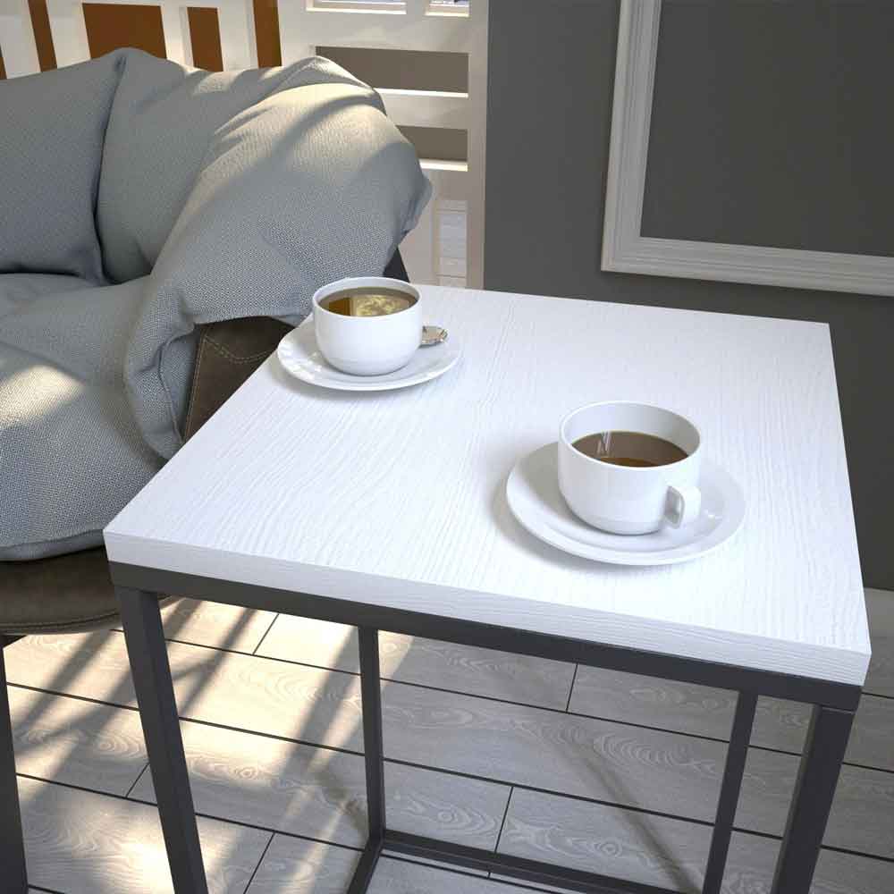 Pure Wooden Side Table with Black Metal Frame in White