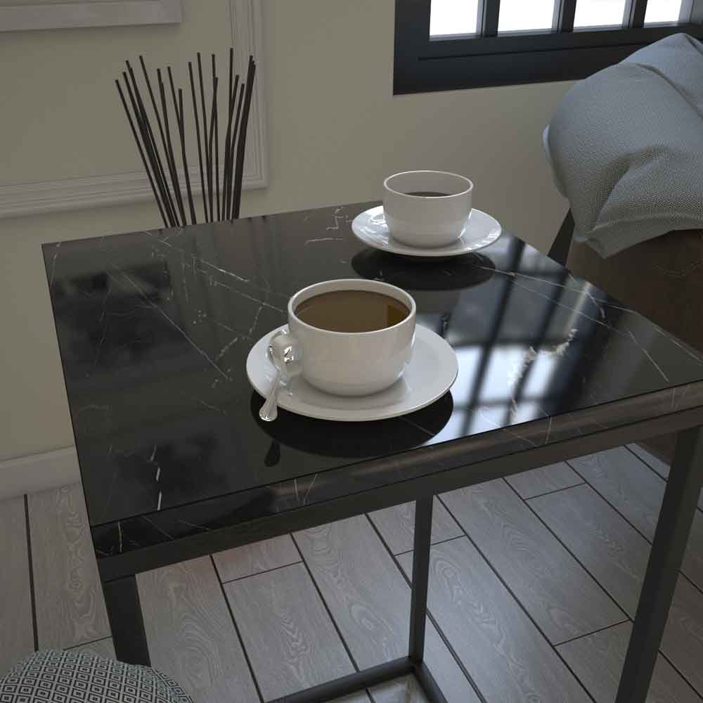 Pure Wooden Side Table with Metal Frame in Black Marble Effect