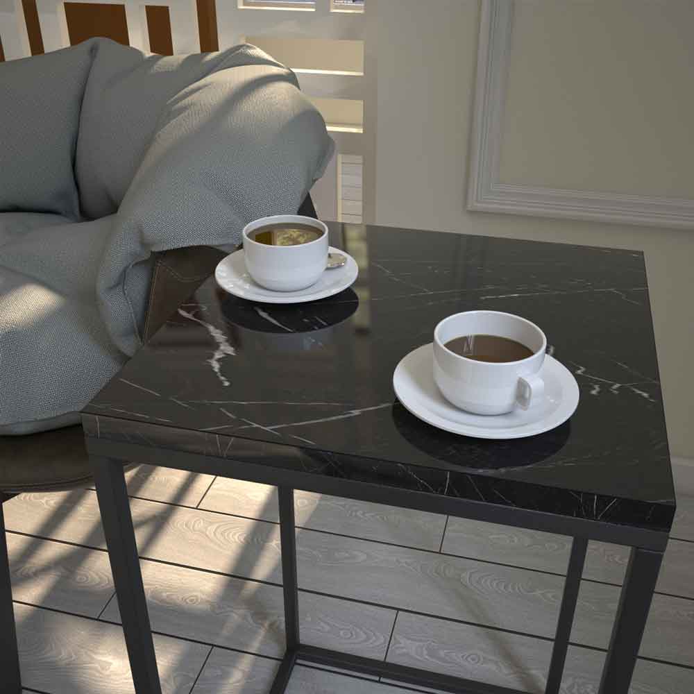 Pure Wooden Side Table with Metal Frame in Black Marble Effect