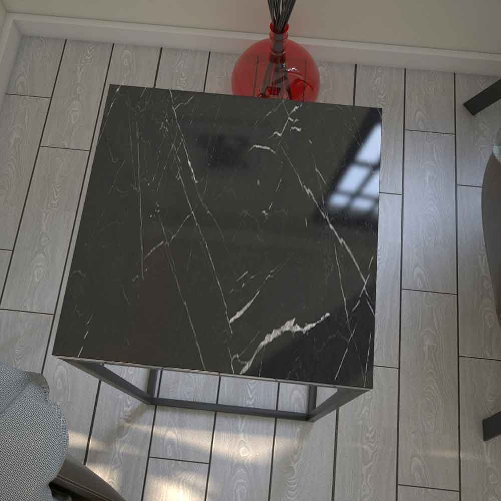 Pure Wooden Side Table with Metal Frame in Black Marble Effect